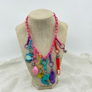 Vintage 80s Plastic Charms Clip and Bell Necklace Pink Chain Funky Colorful Toy